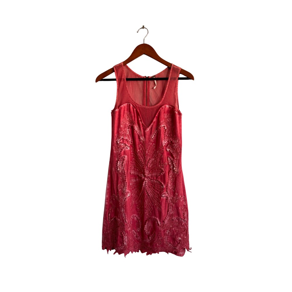Free People Coral Mesh Lace Illusion Mini Dress Back‎ Zip Sheer Sleeveless